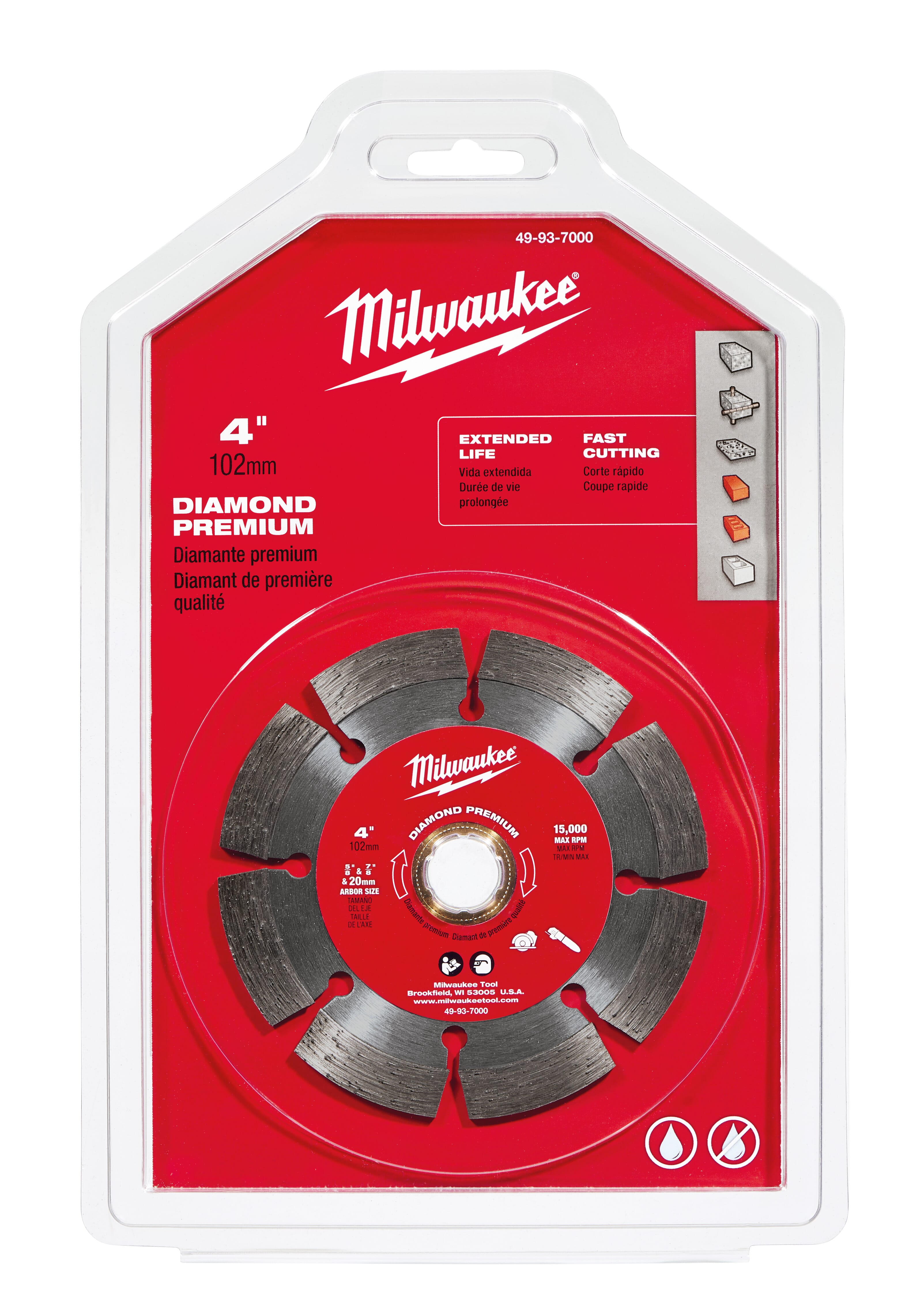 Milwaukee® 49-93-7000 Premium Segmented Circular Diamond Saw Blade, 4 in Dia Blade, 7/8 in, 20 mm, 5/8 in Arbor/Shank, Wet/Dry Cutting